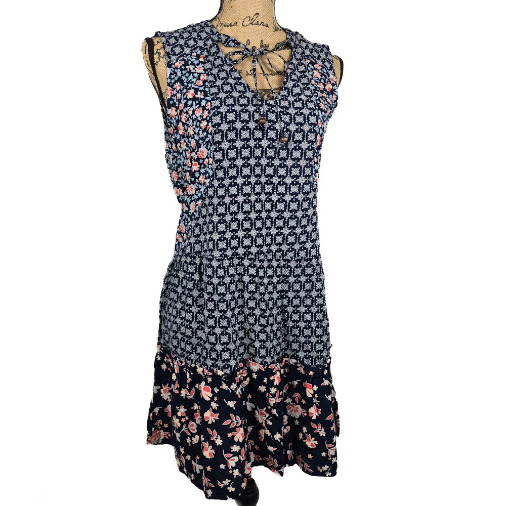True Craft Navy Blue Floral Mixed Print Sleeveless Mini Dress L Rayon Tie Neck